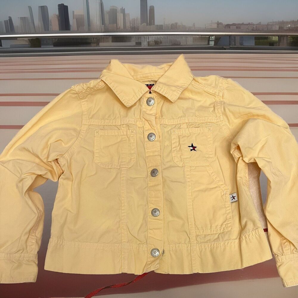 VINTAGE Tommy Hilfiger Button Jacket Pale Yellow Star Banner Logo Youth Size 5/6